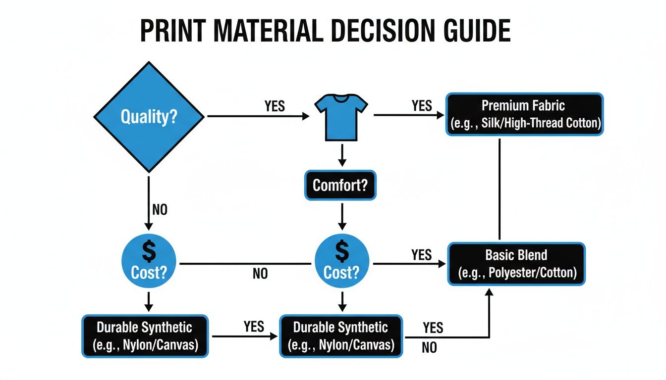 Flowchart guiding print material selection based on quality, comfort, and cost for apparel like T-shirts.