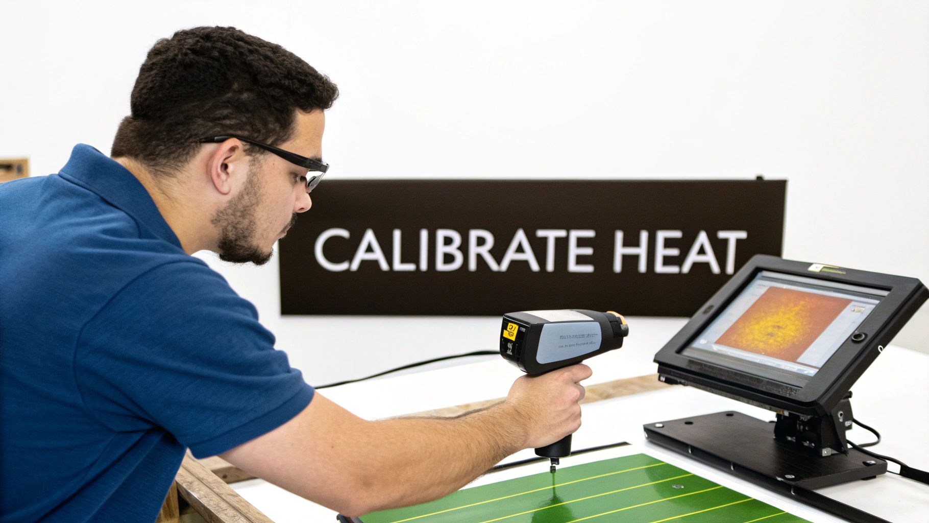 Person using an infrared temperature gun to measure the surface heat of a heat press platen.