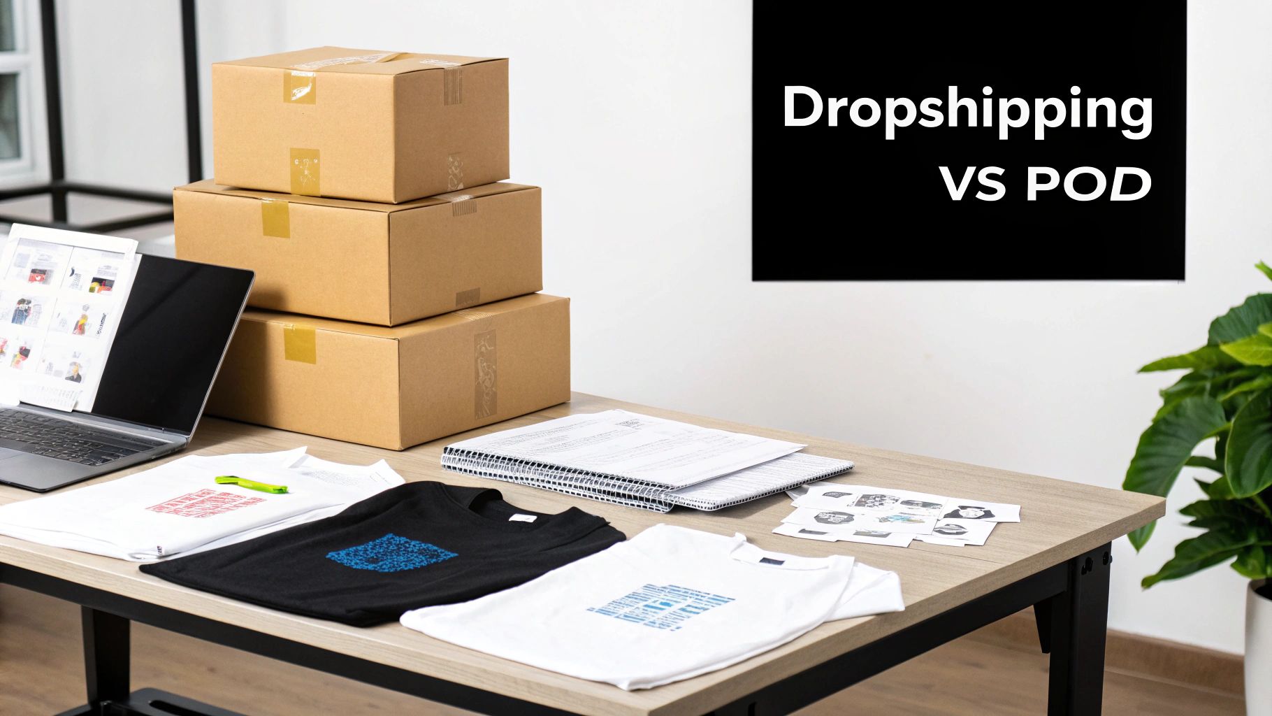 A desk with print-on-demand items like t-shirts, a laptop, boxes, and a 'Dropshipping VS POD' sign.