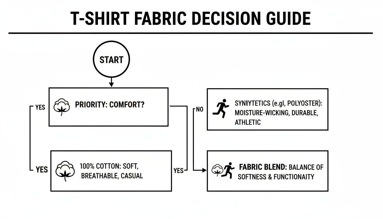 A T-shirt fabric decision guide flowchart explaining choices between cotton, synthetics, or fabric blends.