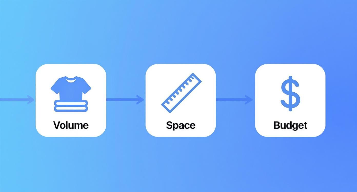 A process flow diagram showing Volume (stacked shirts), Space (ruler), and Budget ($ sign) in sequence.