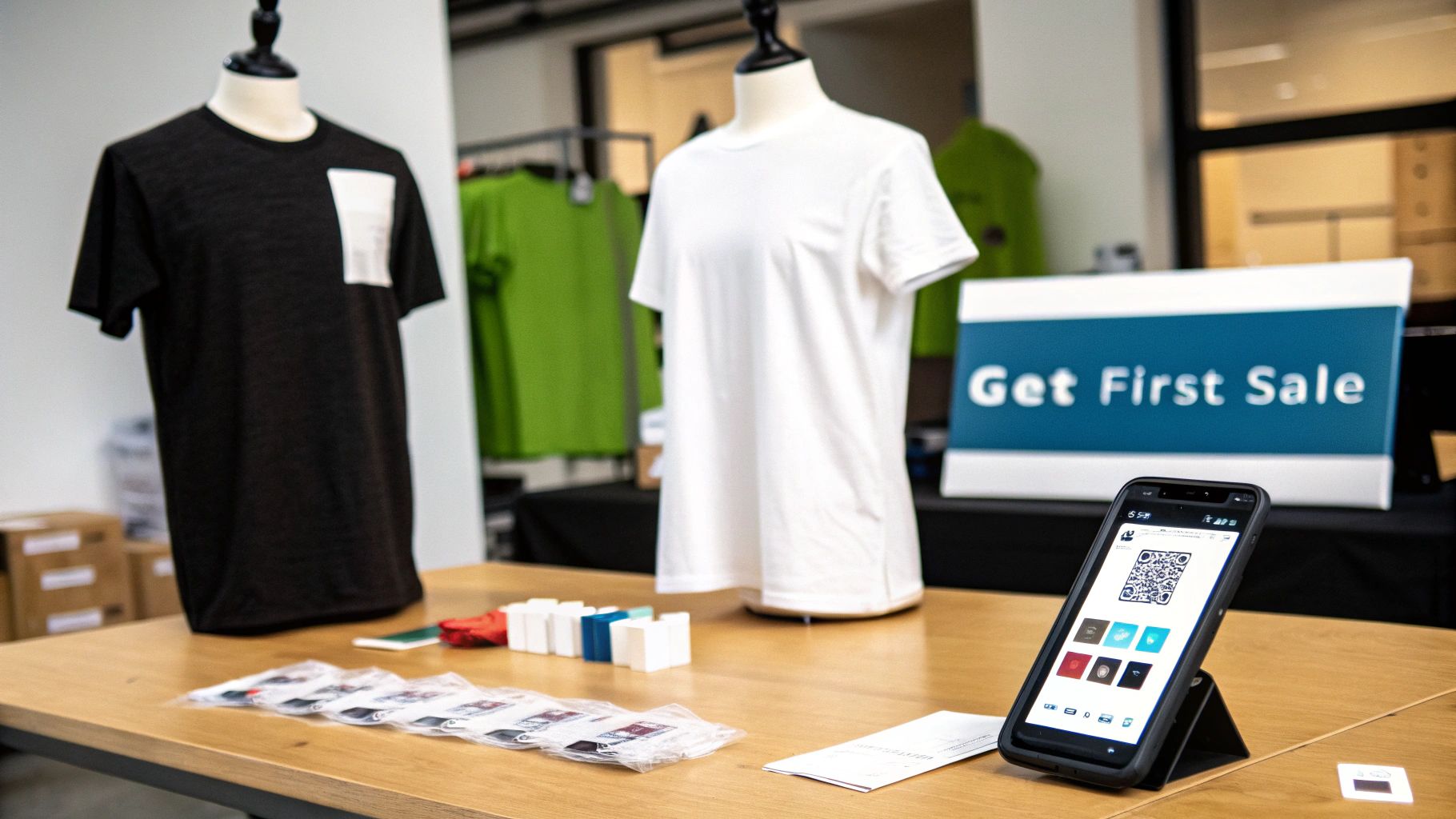 T-shirts on mannequins, a 'Get First Sale' sign, and a smartphone displaying a QR code for a business.