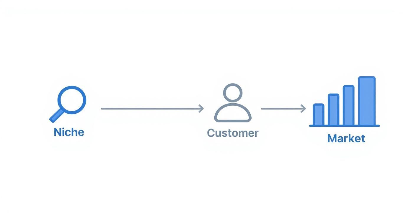 A diagram illustrating the strategic path from identifying a niche, acquiring customers, to expanding the market.