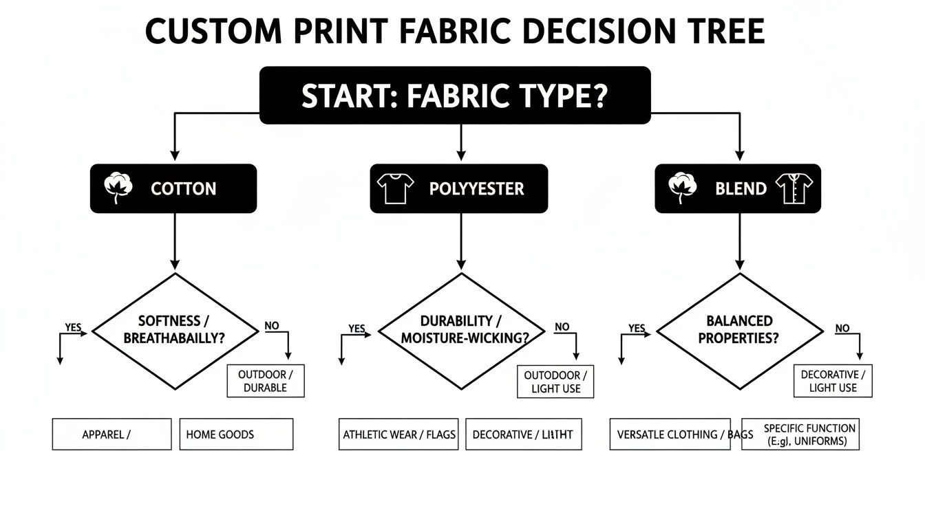 Decision tree for custom print fabric types: Cotton, Polyester, and Blends, guiding to different end uses.