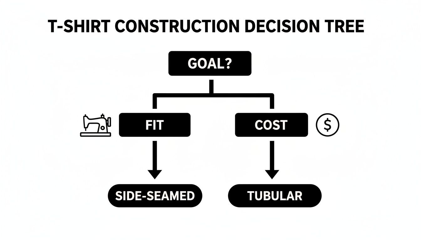 A decision tree diagram for T-shirt construction, detailing choices for fit (side-seamed) and cost (tubular).