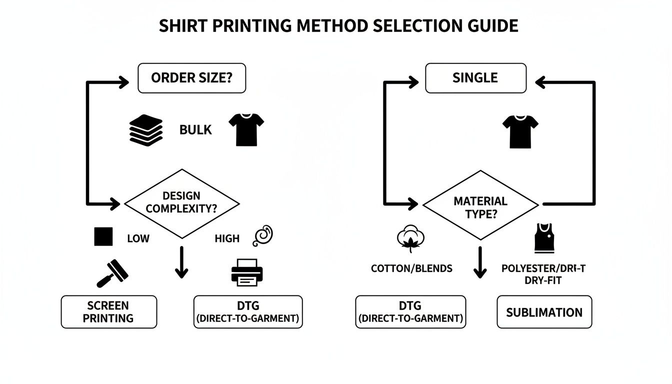 Flowchart guide for selecting shirt printing methods based on order size, design complexity, and material type.