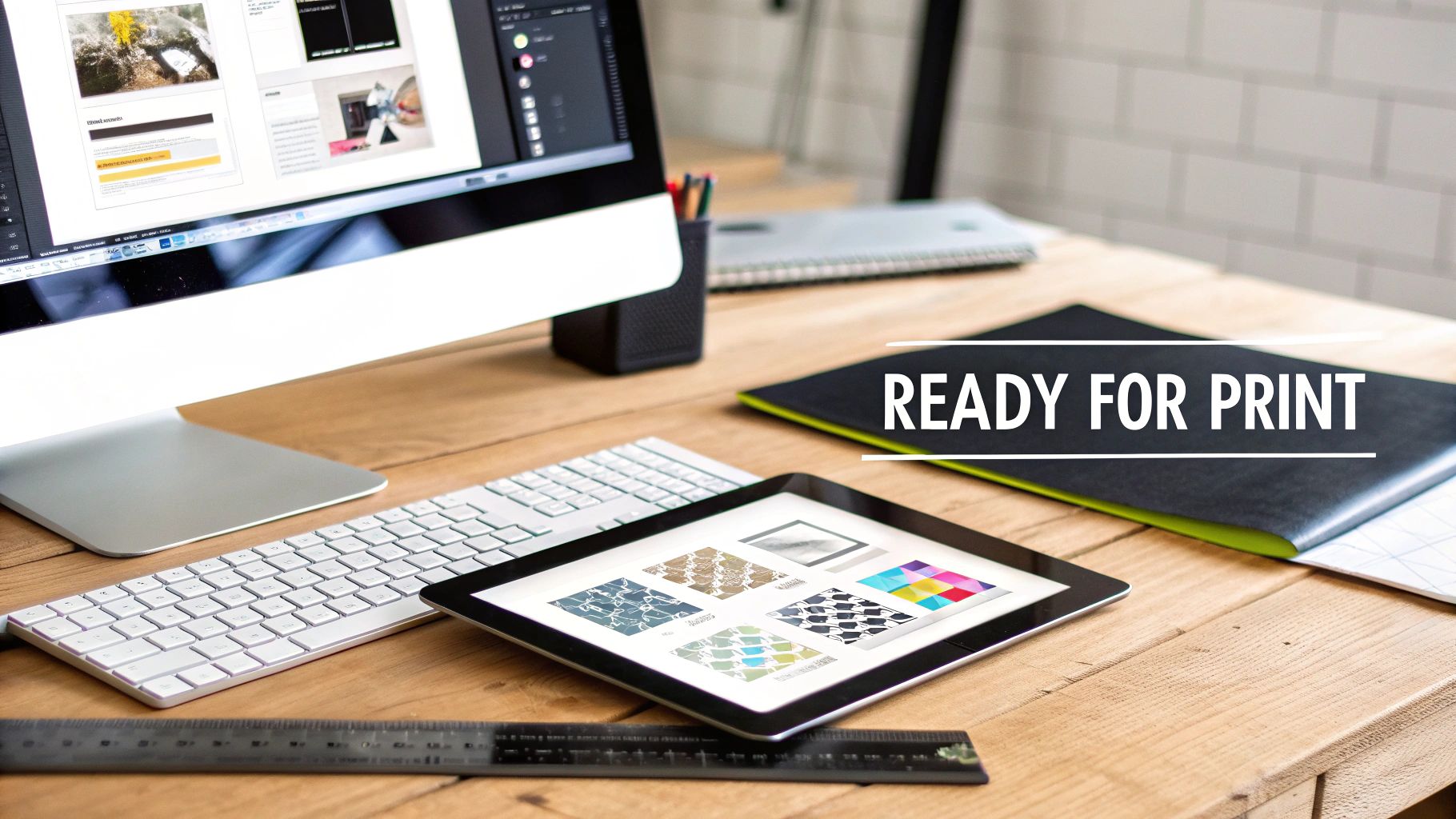 Designer workspace with computer monitor, tablet displaying color swatches, and text ready for print