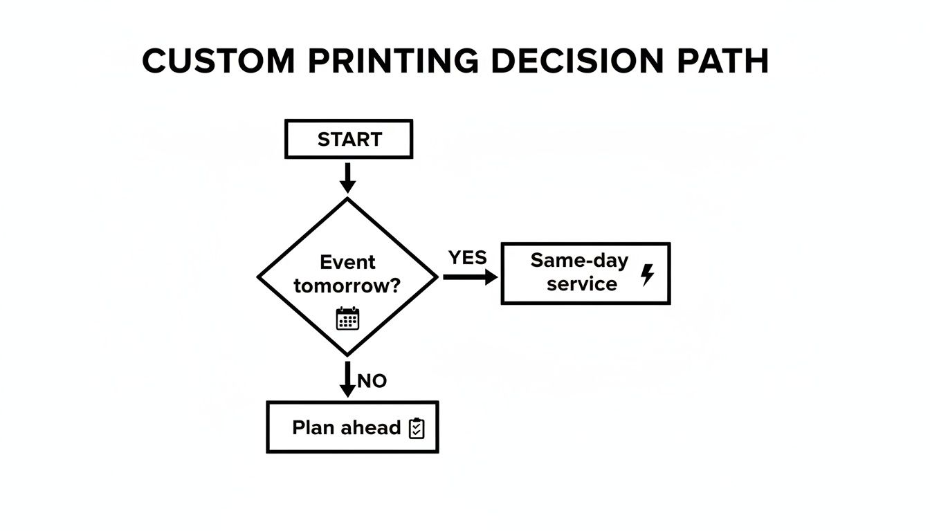 A flowchart showing a custom printing decision path: Event tomorrow leads to same-day service, otherwise plan ahead.