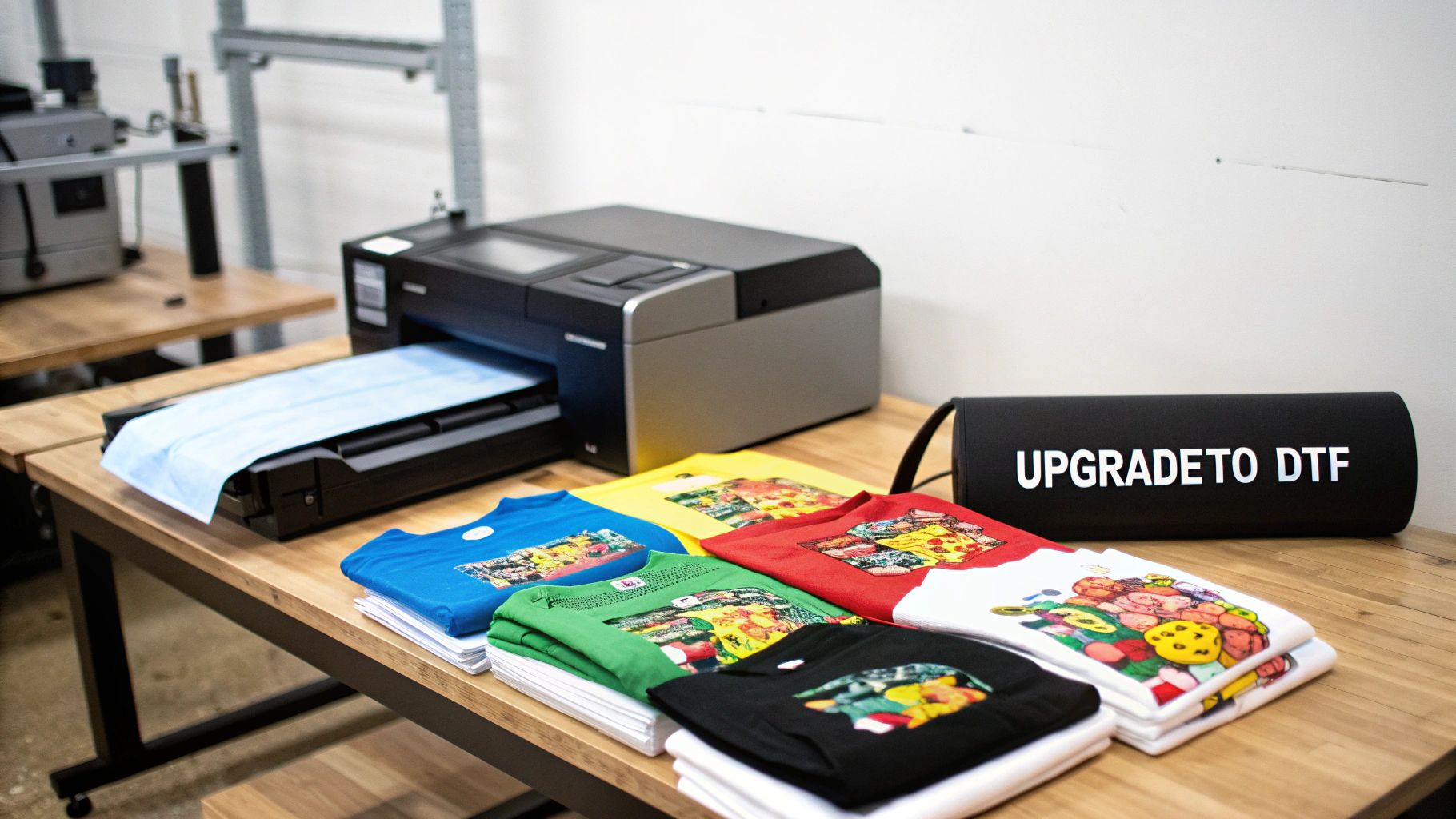 DTF printer on a wooden table with stacks of colorful custom-printed t-shirts and a 'UPGRADETO DTF' sign.