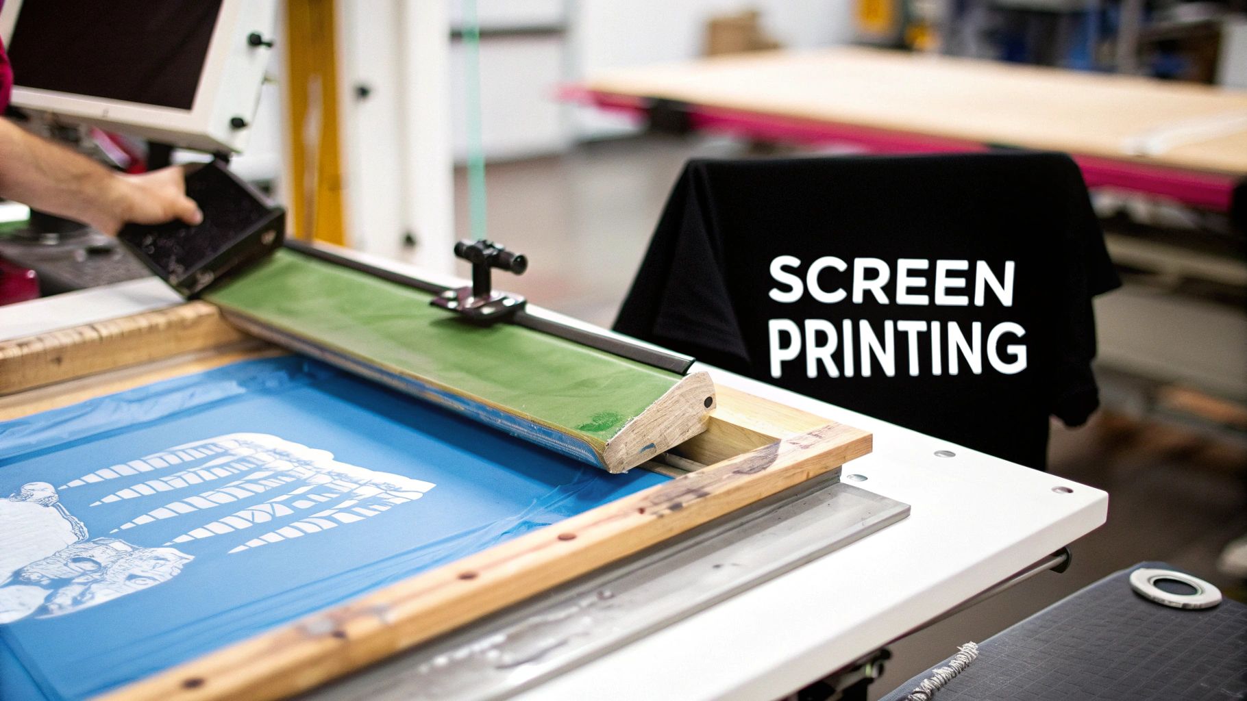Close-up of a screen printing process with a person's hand, squeegee, and a printed t-shirt.