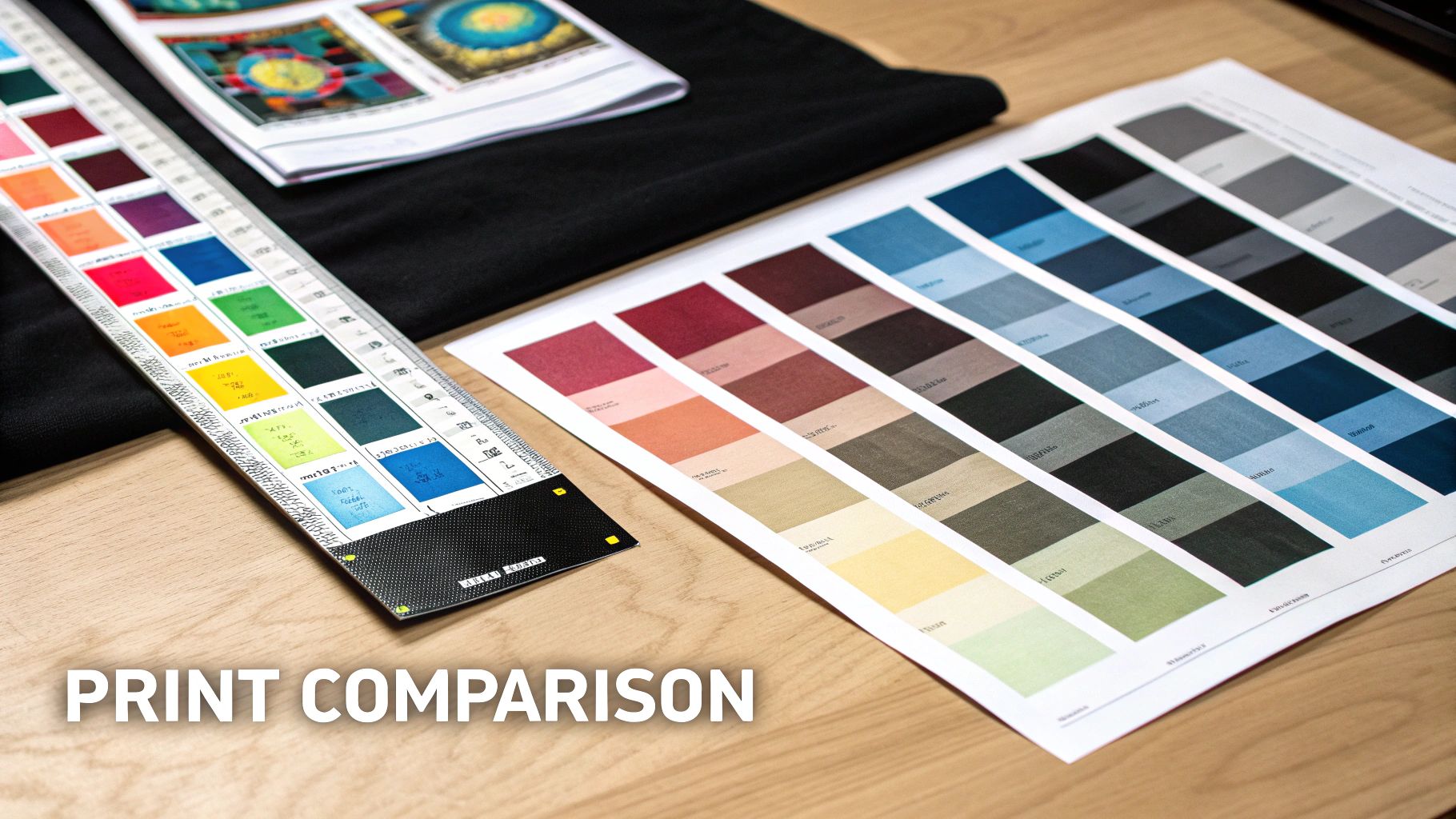 Various color swatches and fabric samples used for precise print comparison in printing.