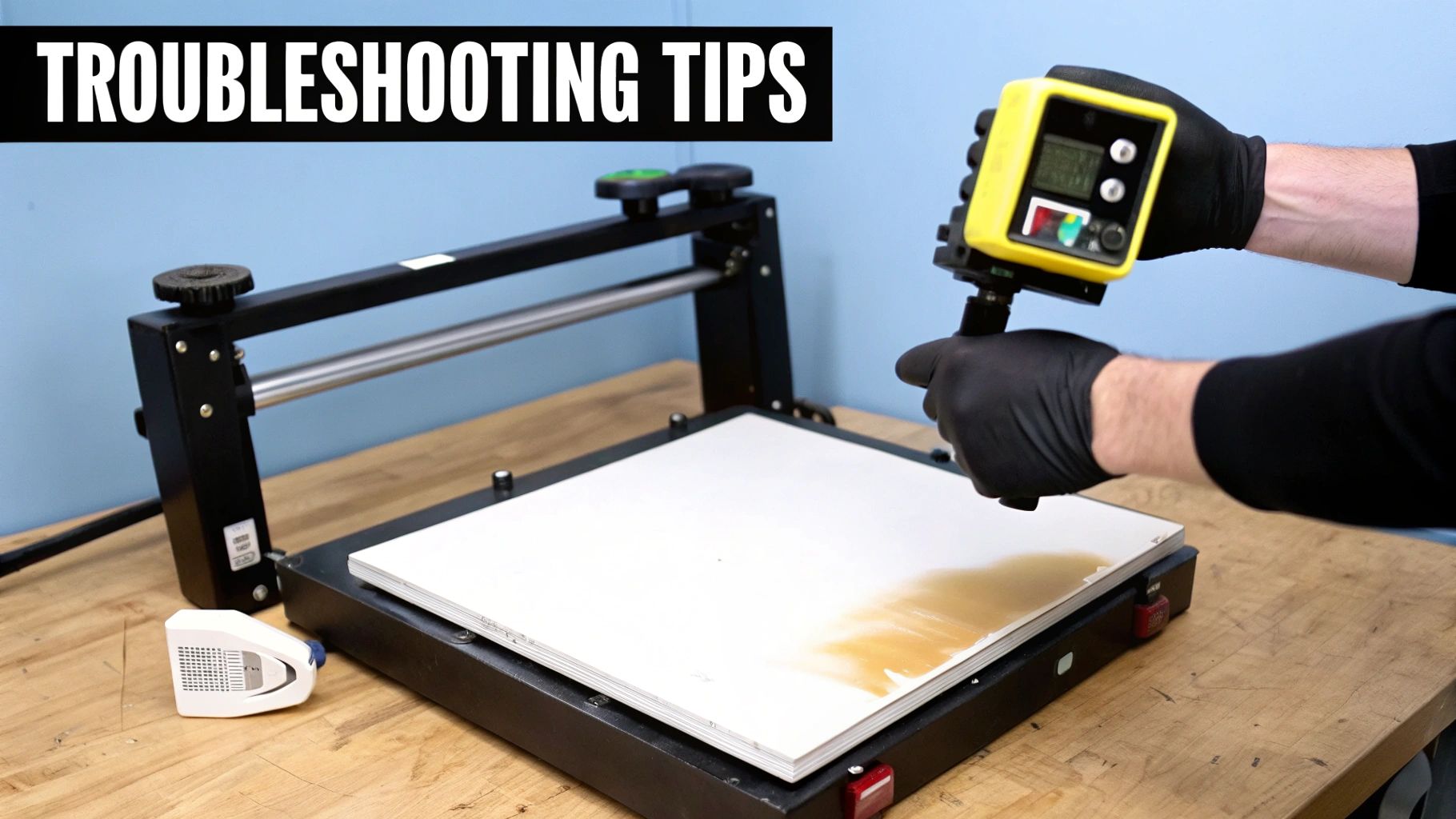 Person in black gloves applying adhesive with a yellow device to paper on a DTF heat press, troubleshooting tips.