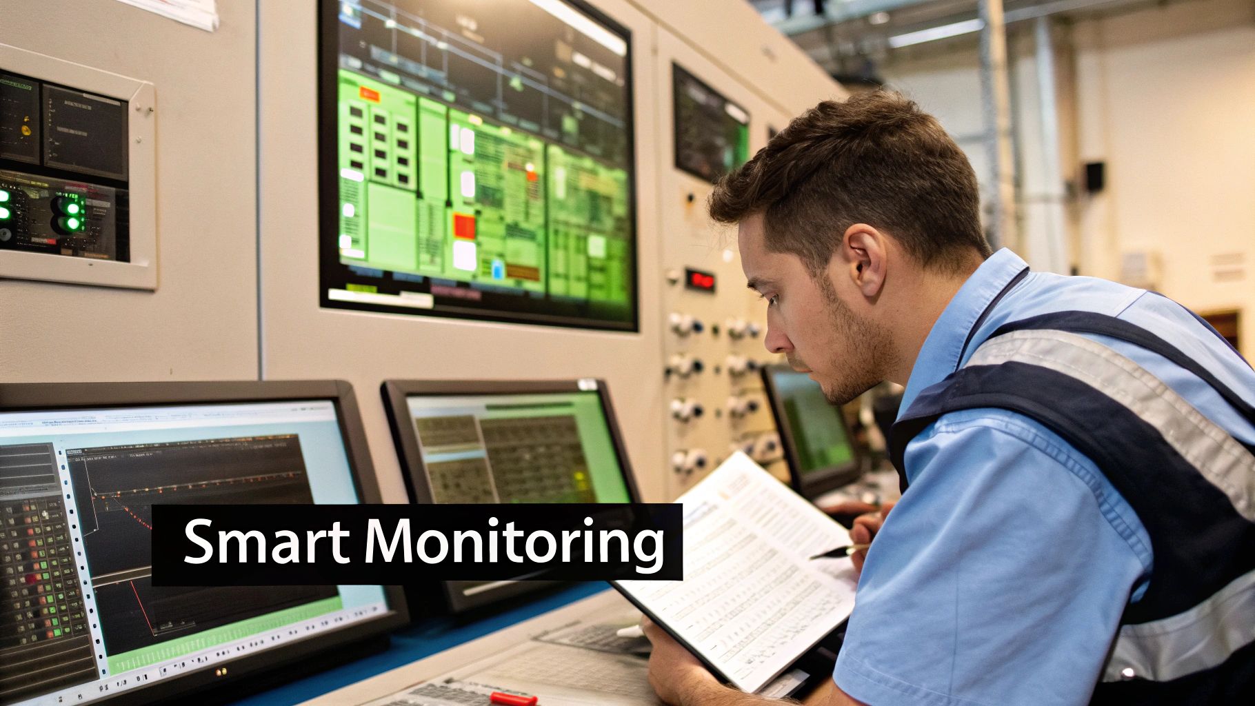 A futuristic factory setting where robotic arms work alongside digital interfaces displaying sustainability metrics.