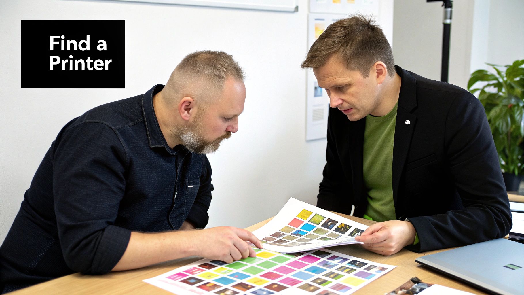 Two men review color print samples on a table, discussing printing options.