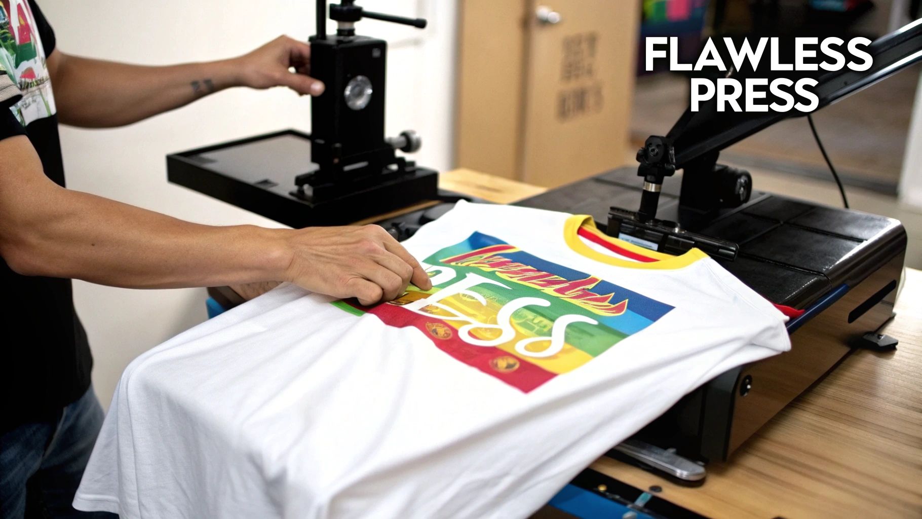 A person carefully positions a white t-shirt with a vibrant 'PRESS' design onto a heat transfer machine.