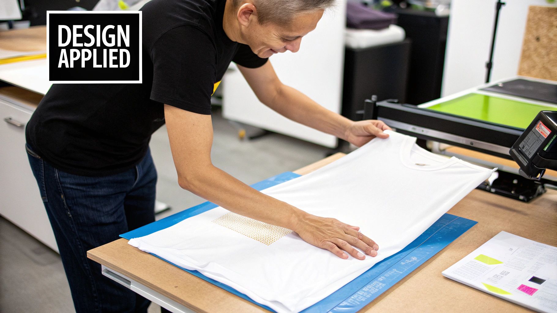 A person using a stylus and tablet to design a graphic on a computer screen, with colorful illustrations visible.