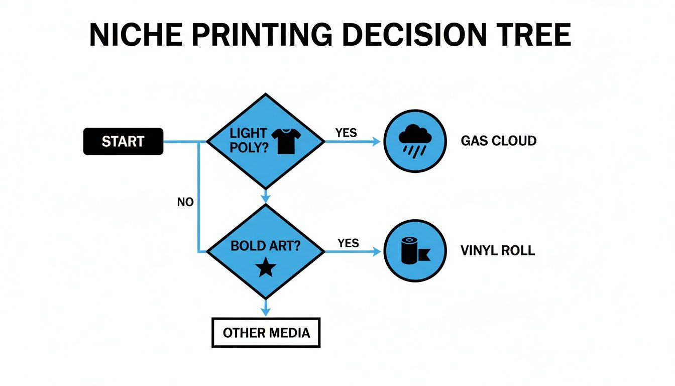 A flowchart illustrating a niche printing decision tree for various printing art and media types.