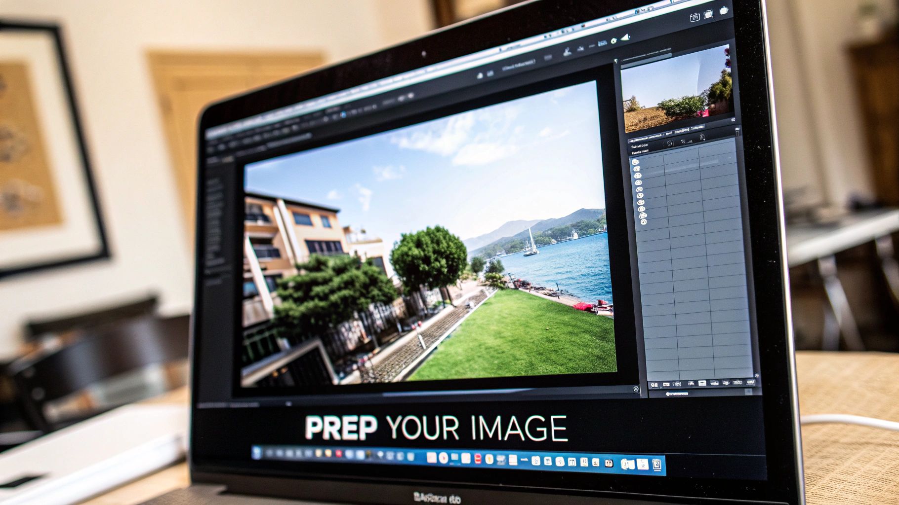 A person using a laptop to edit a photo of a dog before printing it for a shirt transfer.