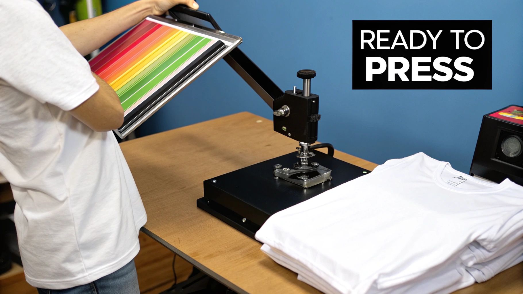 A person applying a ready to press DTF transfer sheet to a t-shirt with a heat press