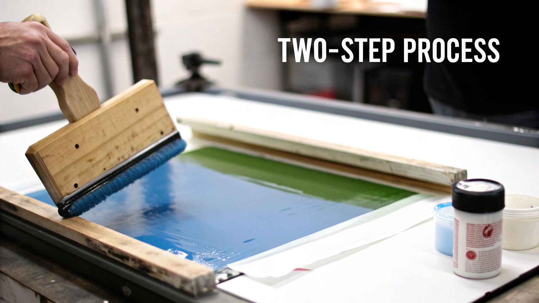 A person's hand uses a squeegee to apply blue ink in a screen printing process, highlighting a 'Two-Step Process'.