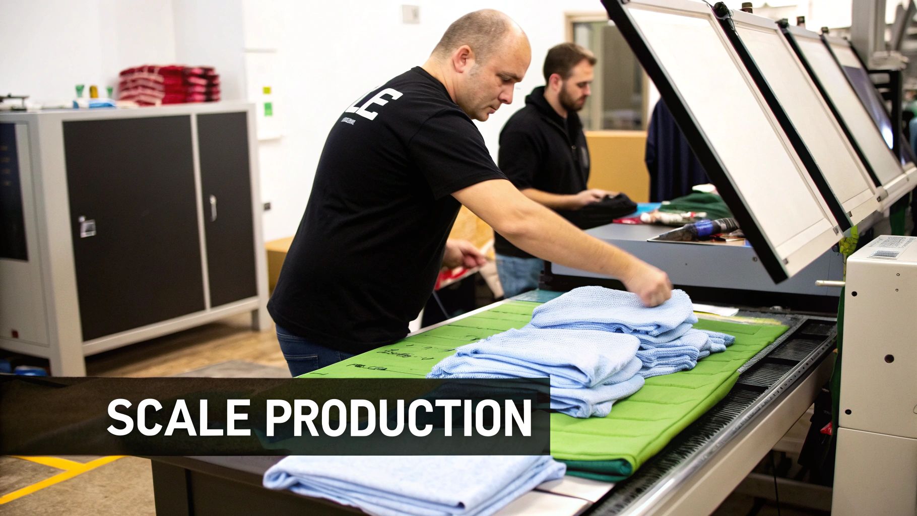 Two men working in a garment production facility, one placing folded blue clothes on a conveyor.