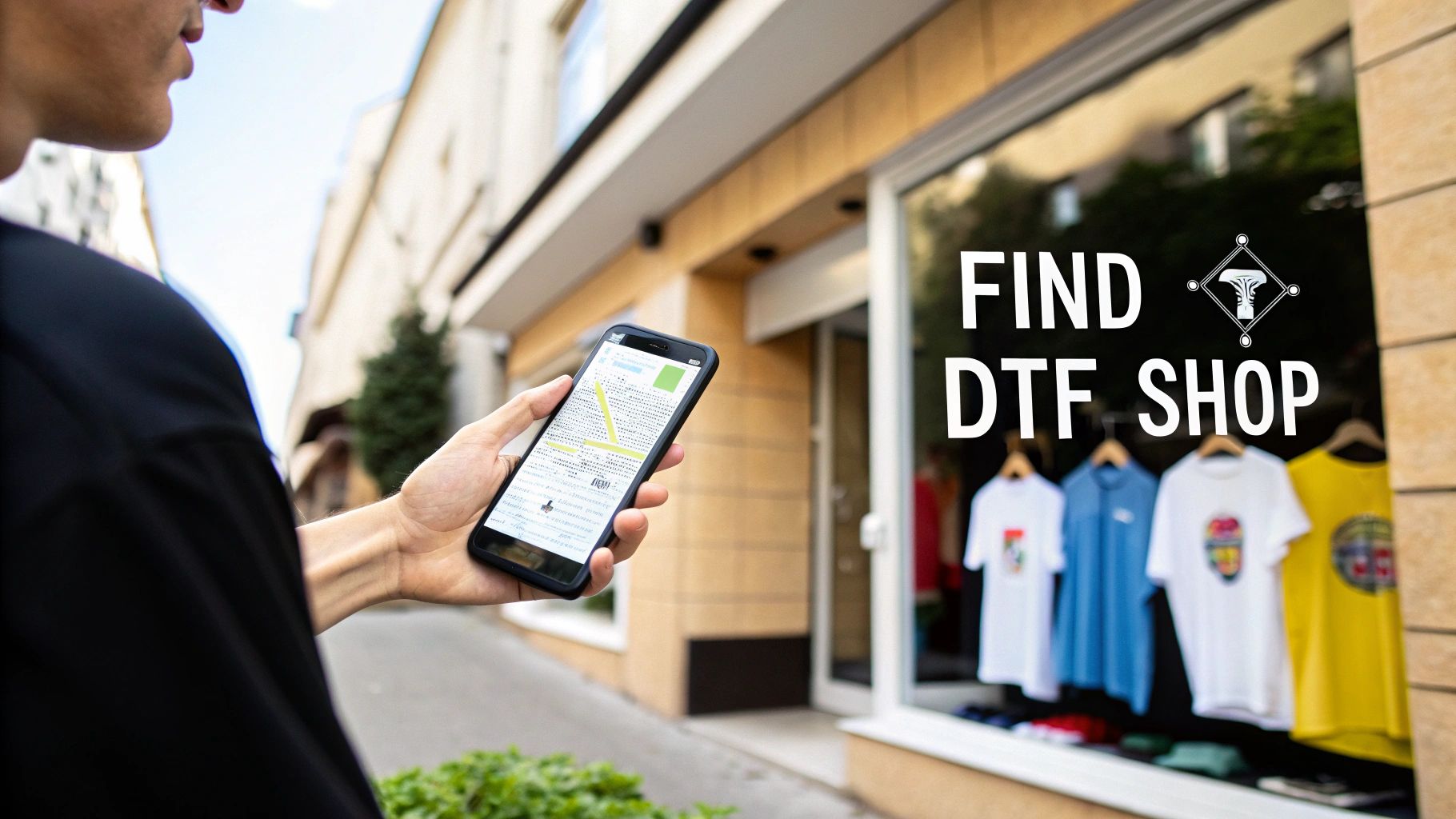 A person uses a phone with a map app to find a DTF print shop, seen in a store window.