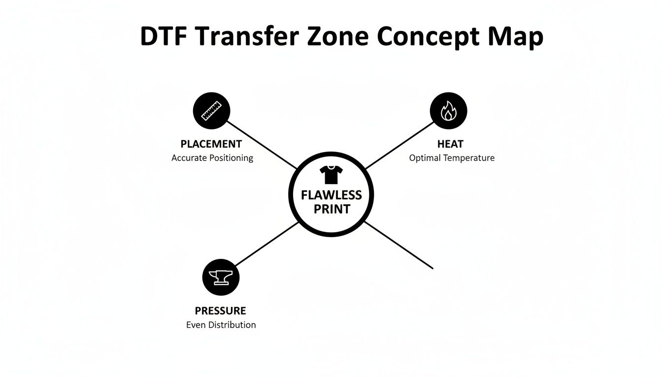 A concept map illustrating the DTF transfer zone for a flawless print, detailing placement, heat, and pressure.