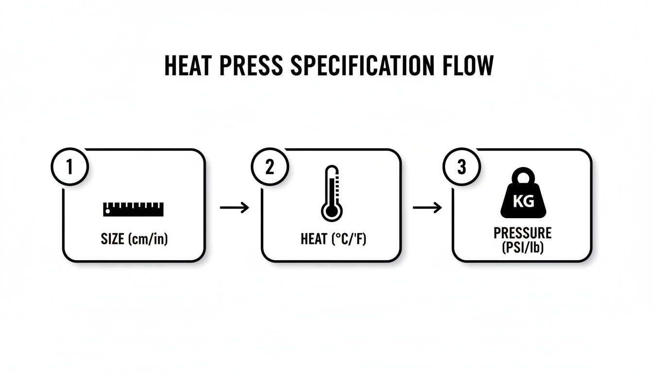 Flowchart showing heat press specifications: size, heat temperature, and pressure requirements.