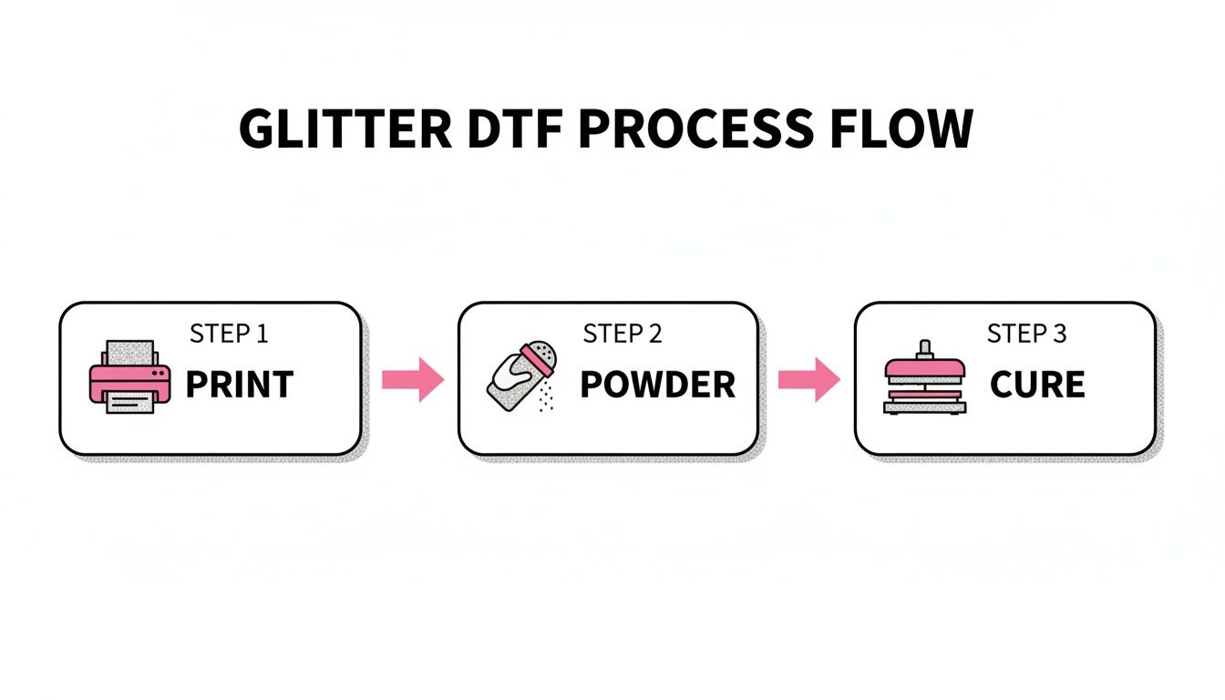 A three-step glitter DTF process flow diagram showing print, powder, and cure.