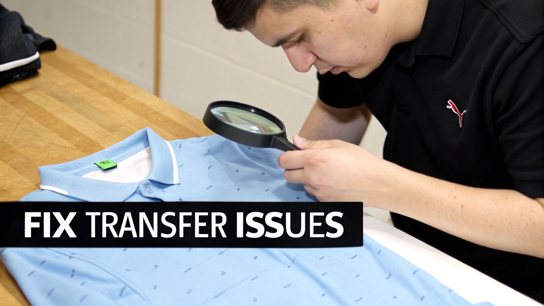 A person uses a magnifying glass to inspect a light blue polo shirt for transfer issues.