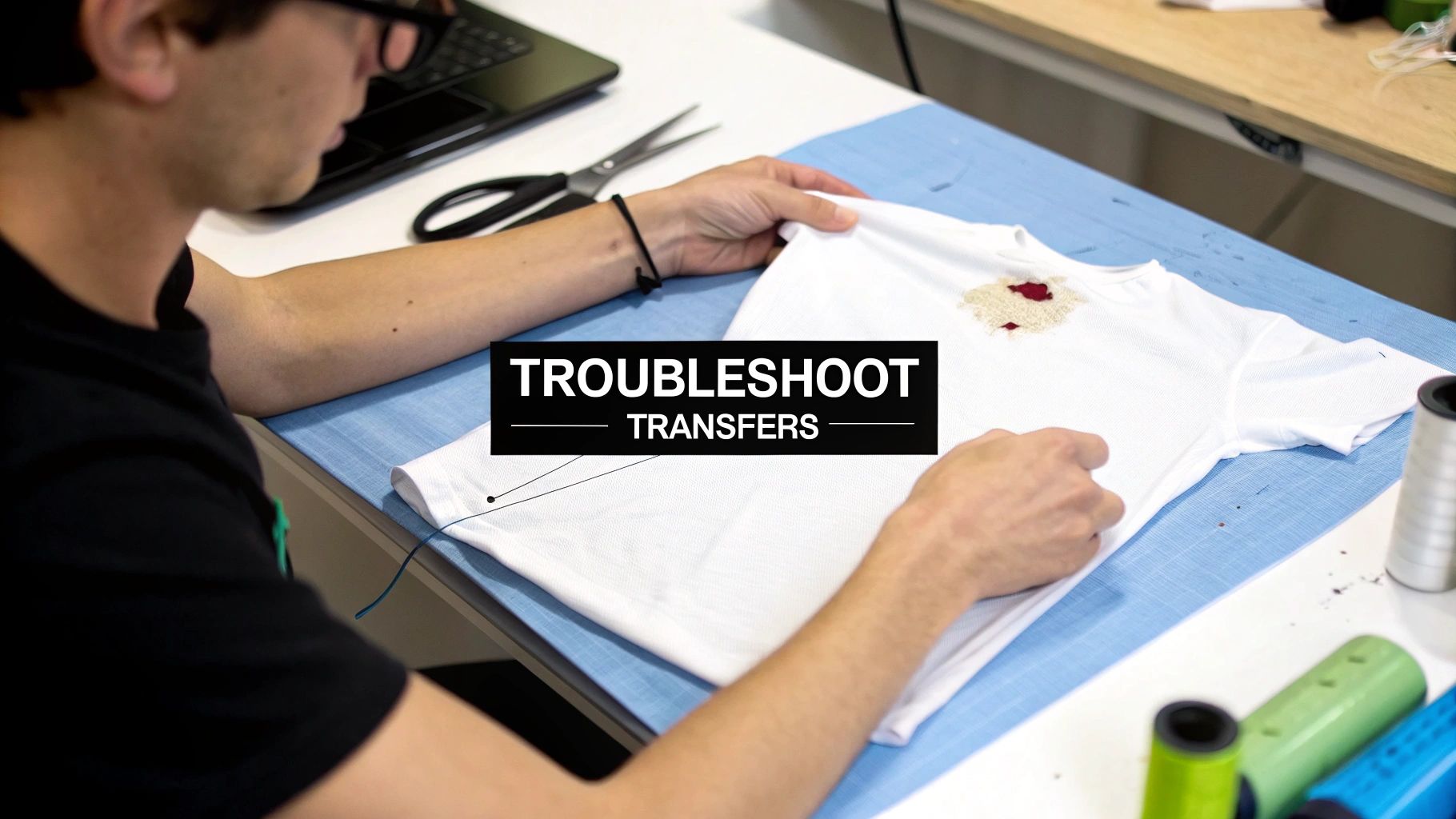 Person examining a white t-shirt with a failed transfer, troubleshooting garment customization issues.