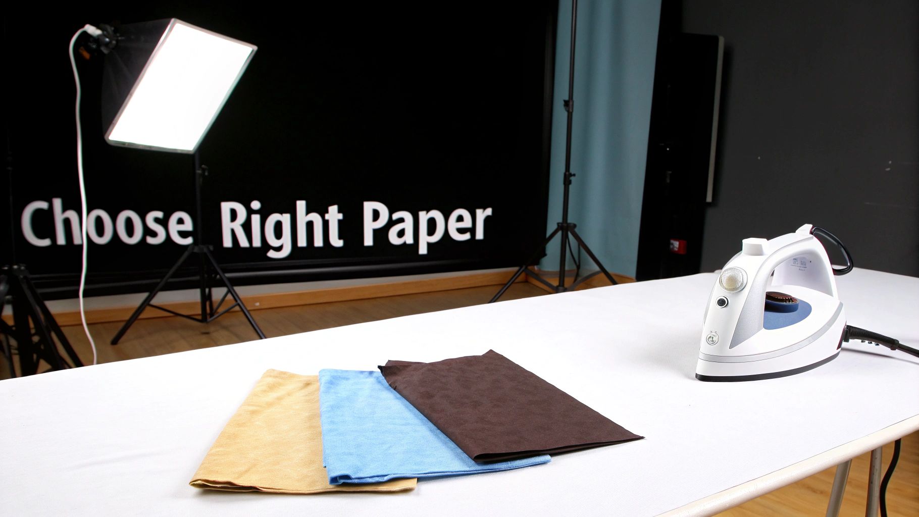 White iron, three folded fabric pieces on a table, with a studio light and "Choose Right Paper" banner.