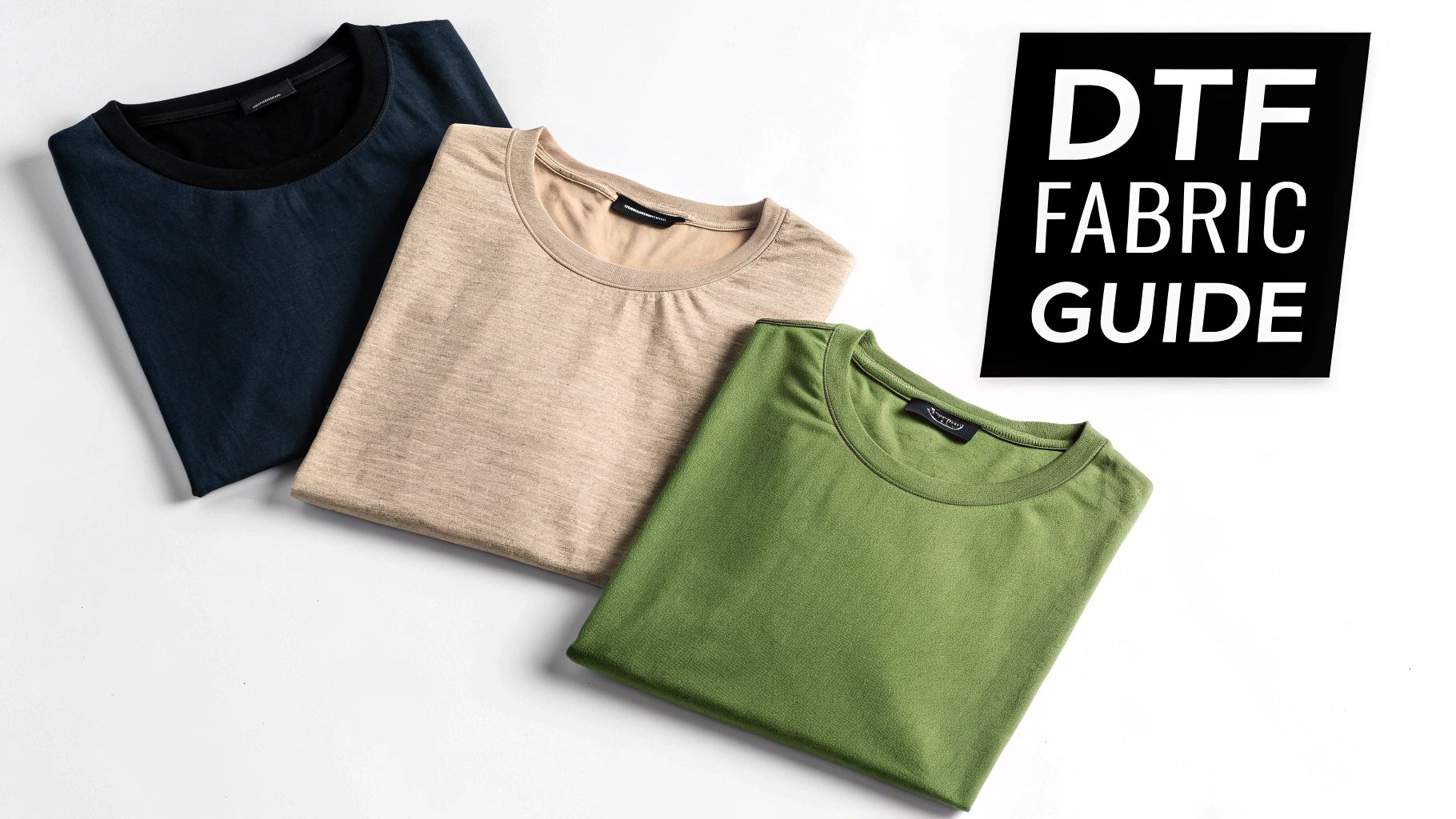 Three folded t-shirts (blue, beige, green) and a black sign saying 'DTF Fabric Guide'.