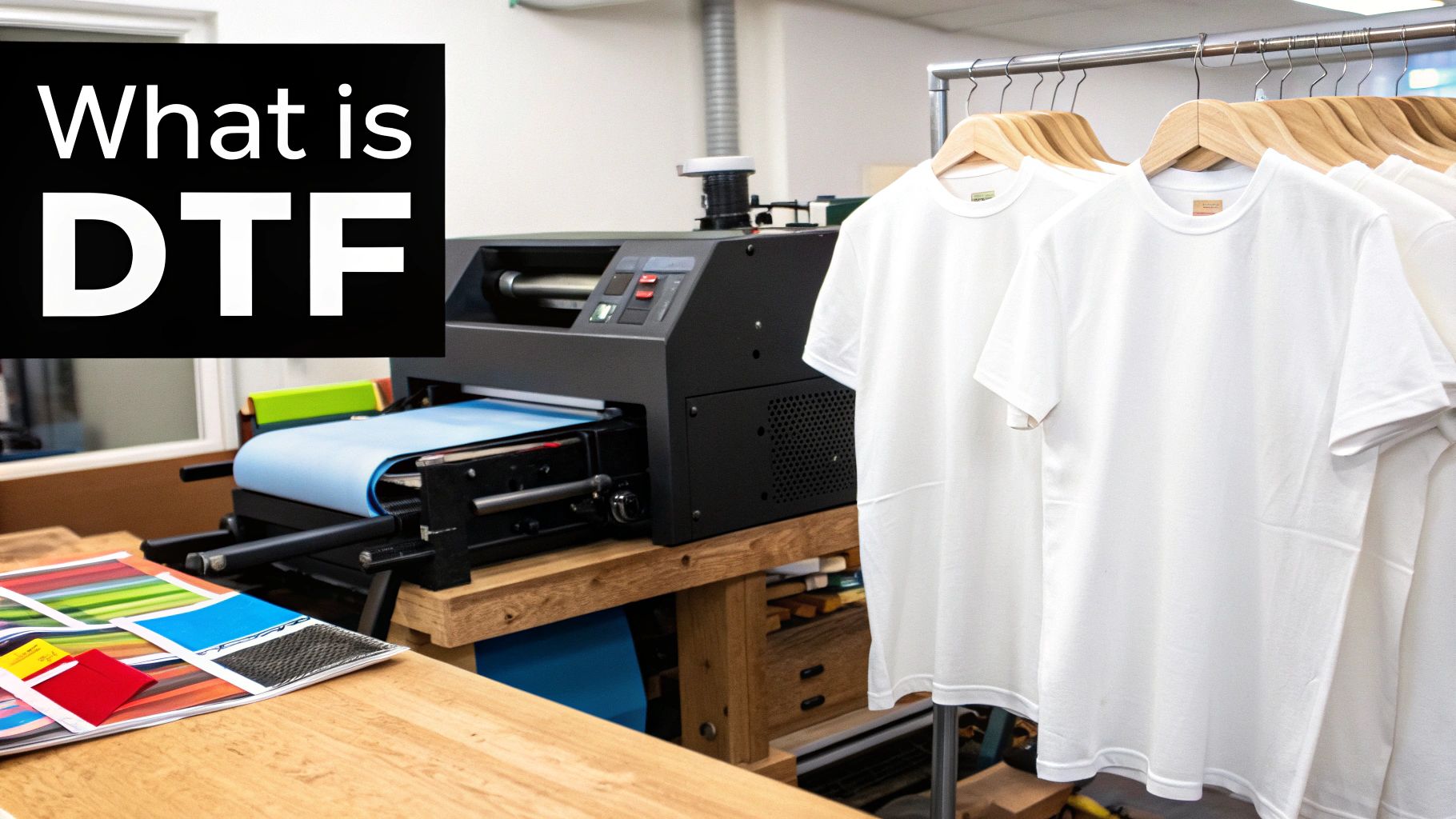 A person applying a DTF transfer to a t-shirt with a heat press