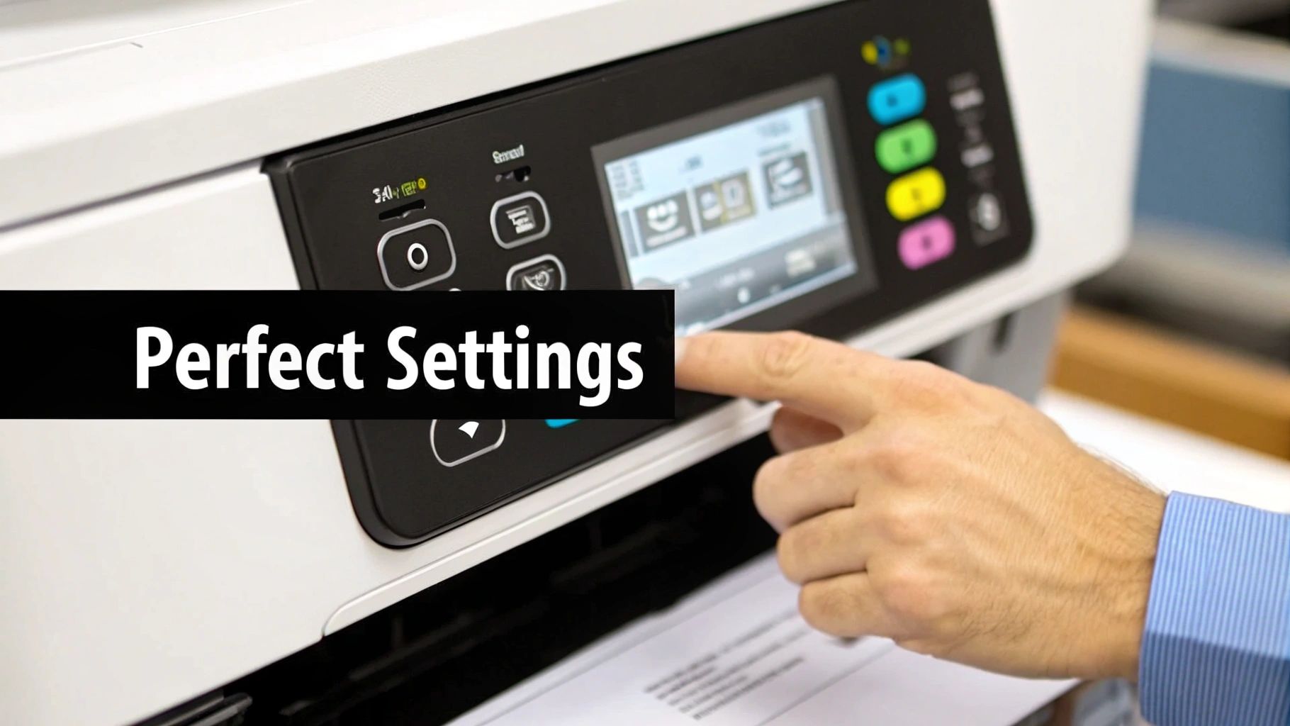 Close-up of a hand selecting options on a printer's digital display with colorful buttons.