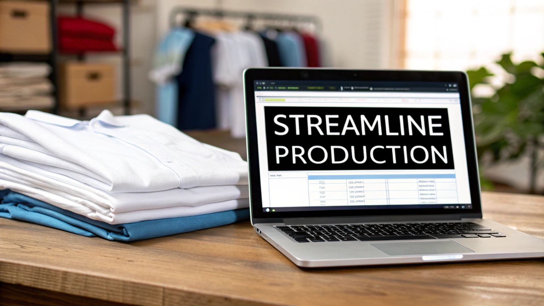 A stack of folded white and blue shirts next to a laptop displaying 'STREAMLINE PRODUCTION'.
