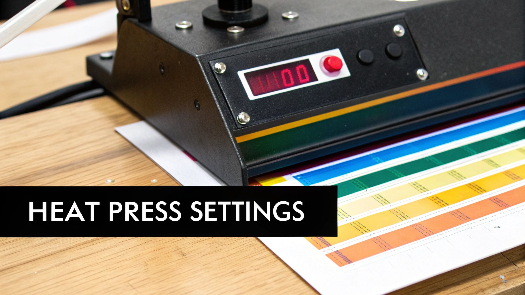 Close-up of a heat press machine showing its digital display and colorful calibration strips.