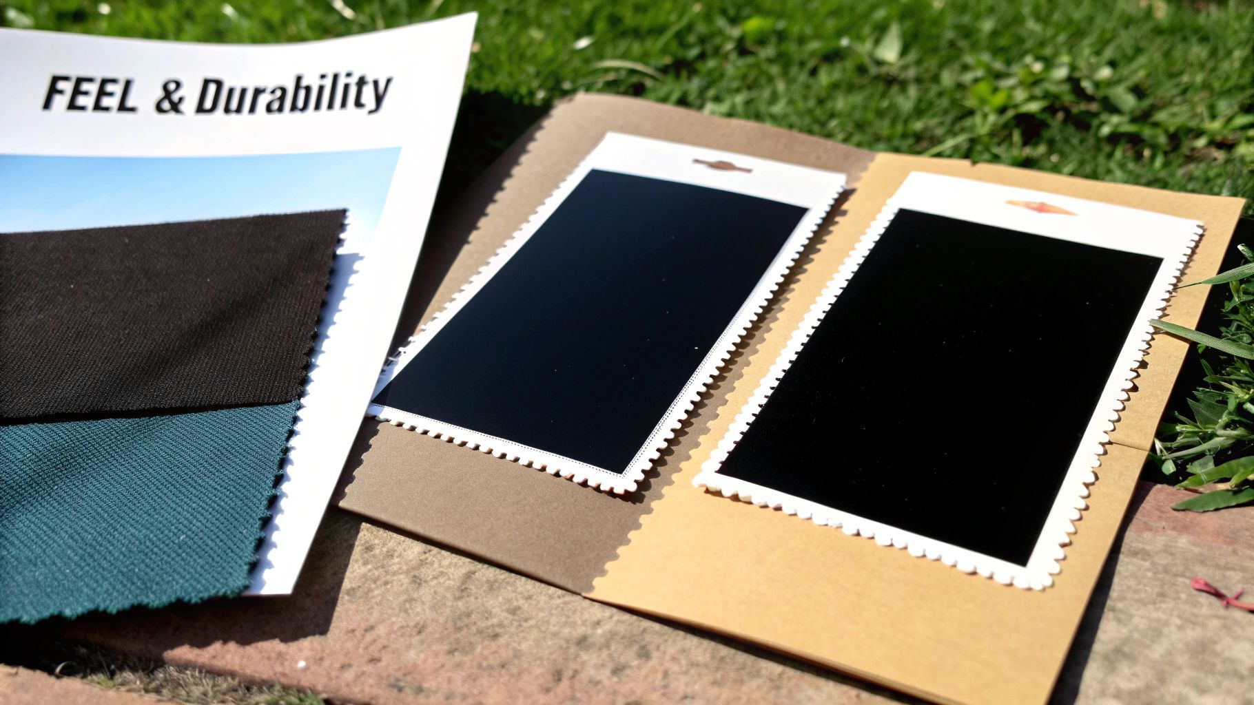 Fabric swatches and print samples in an open book on grass, showing material feel and durability.