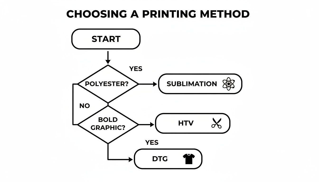 Flowchart outlining choices for printing methods on t-shirts: Sublimation for polyester, HTV for bold graphics, DTG otherwise.