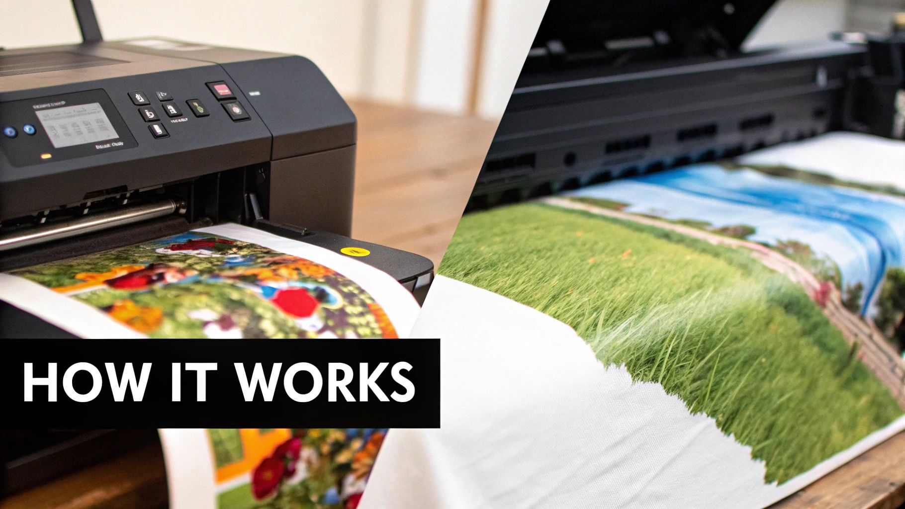 Two printers in action: a desktop printer outputting a colorful photo and a large format printer on fabric.