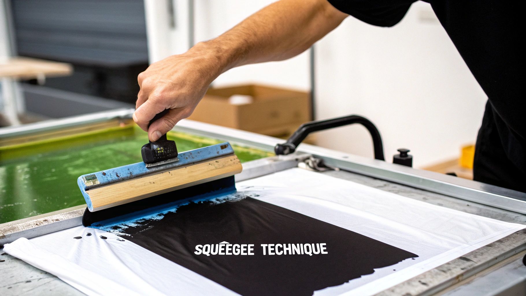 A person's hand uses a squeegee to screen print black ink onto a white t-shirt.