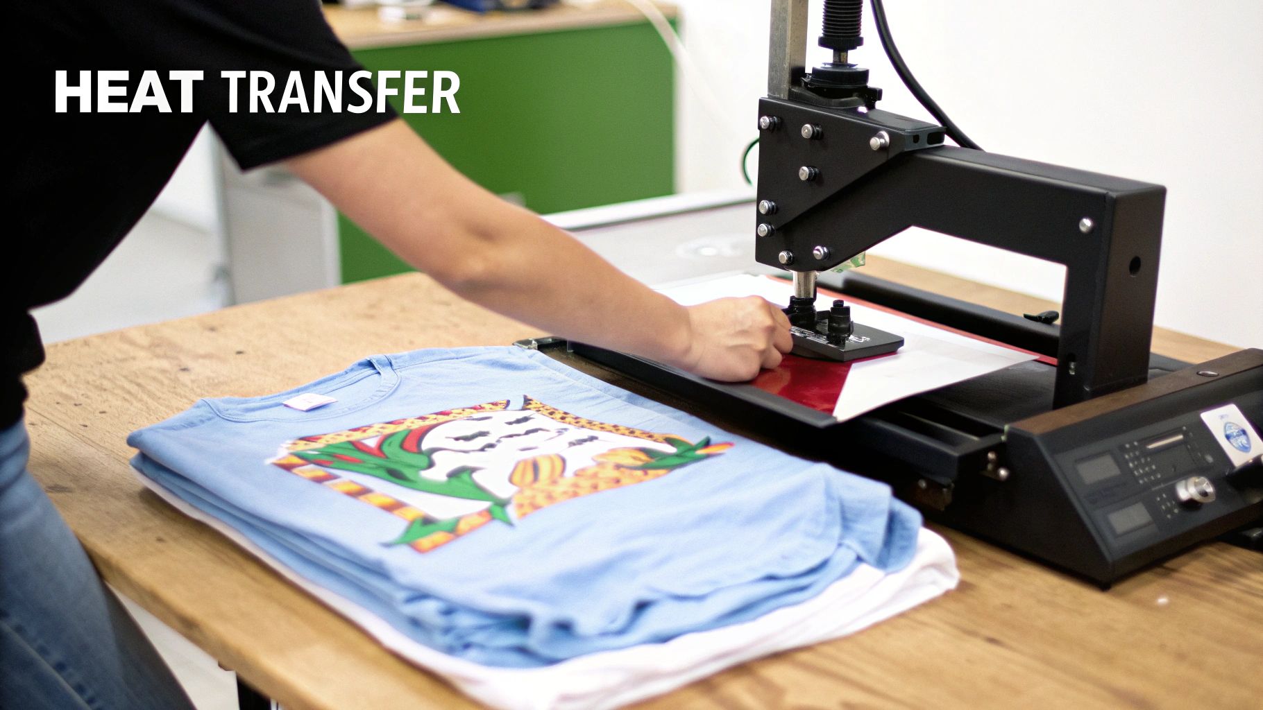 A person using a heat press machine to apply a colorful design onto a white t-shirt.