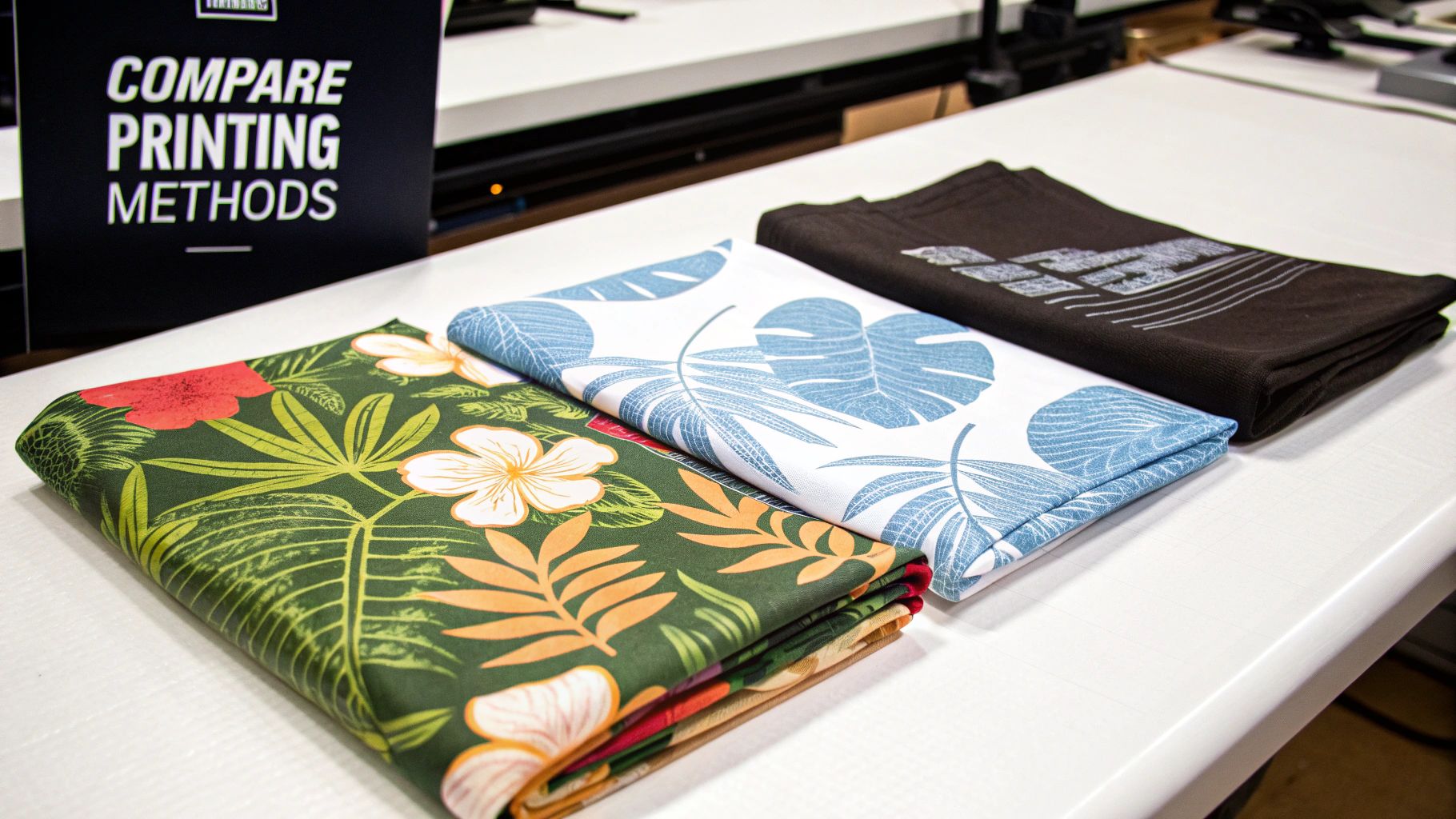 A collection of vibrant custom t-shirts printed with different methods, showcasing DTF, DTG, and screen printing.