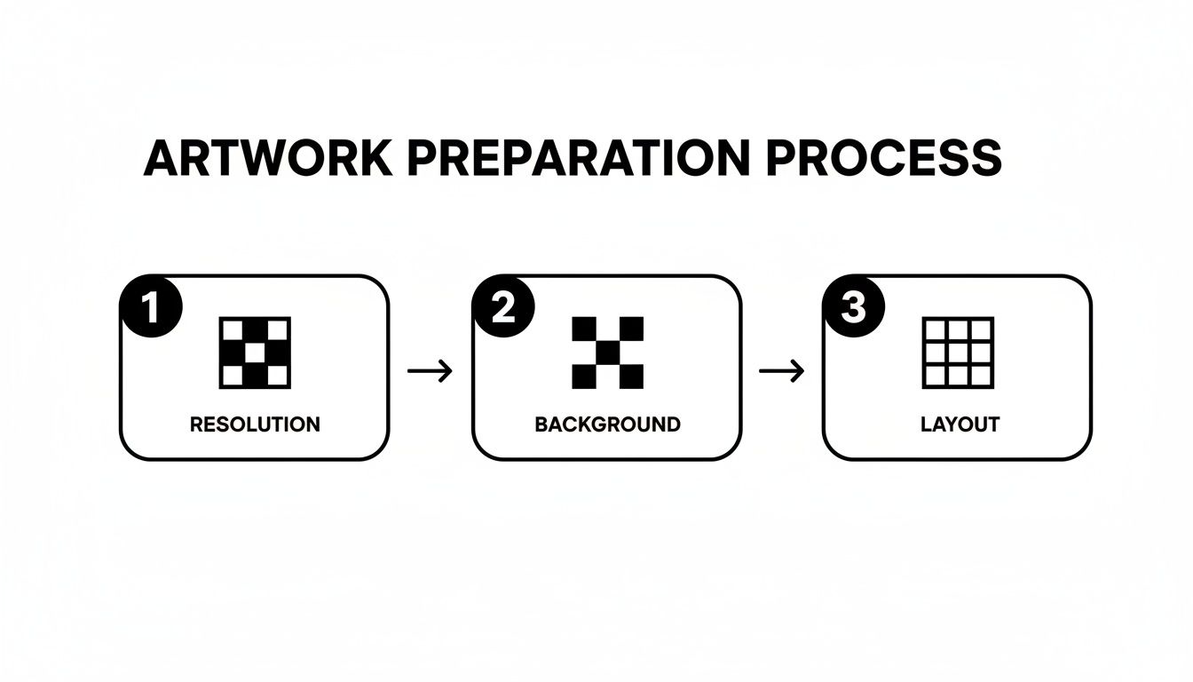 A flowchart illustrates the artwork preparation process including steps for resolution, background, and layout.