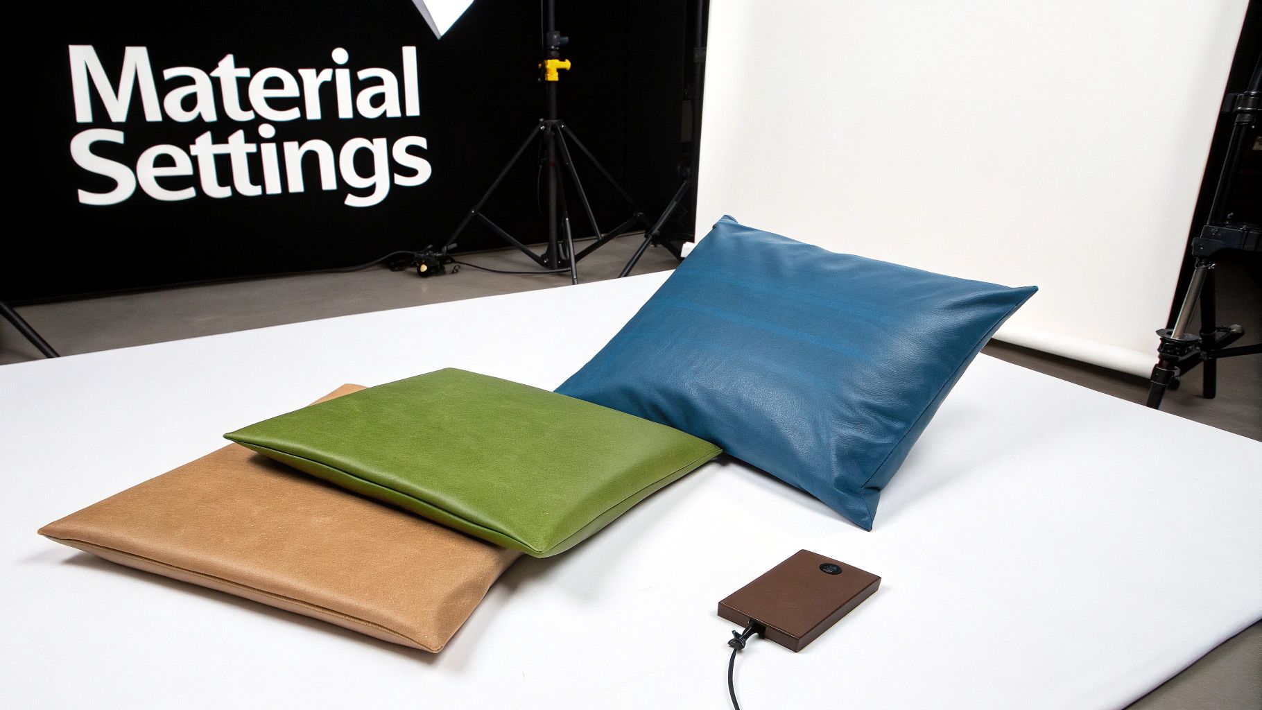 Three colorful cushions in blue, green, and brown, along with a small device, on a white surface.
