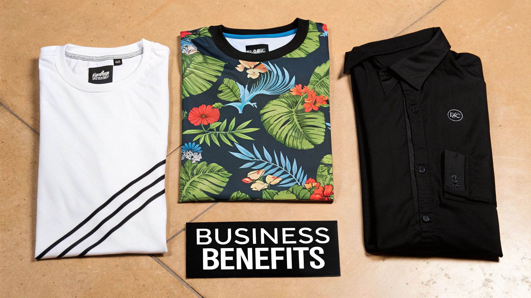 Three folded men's shirts (white, tropical print, black) displayed with a 'Business Benefits' sign.
