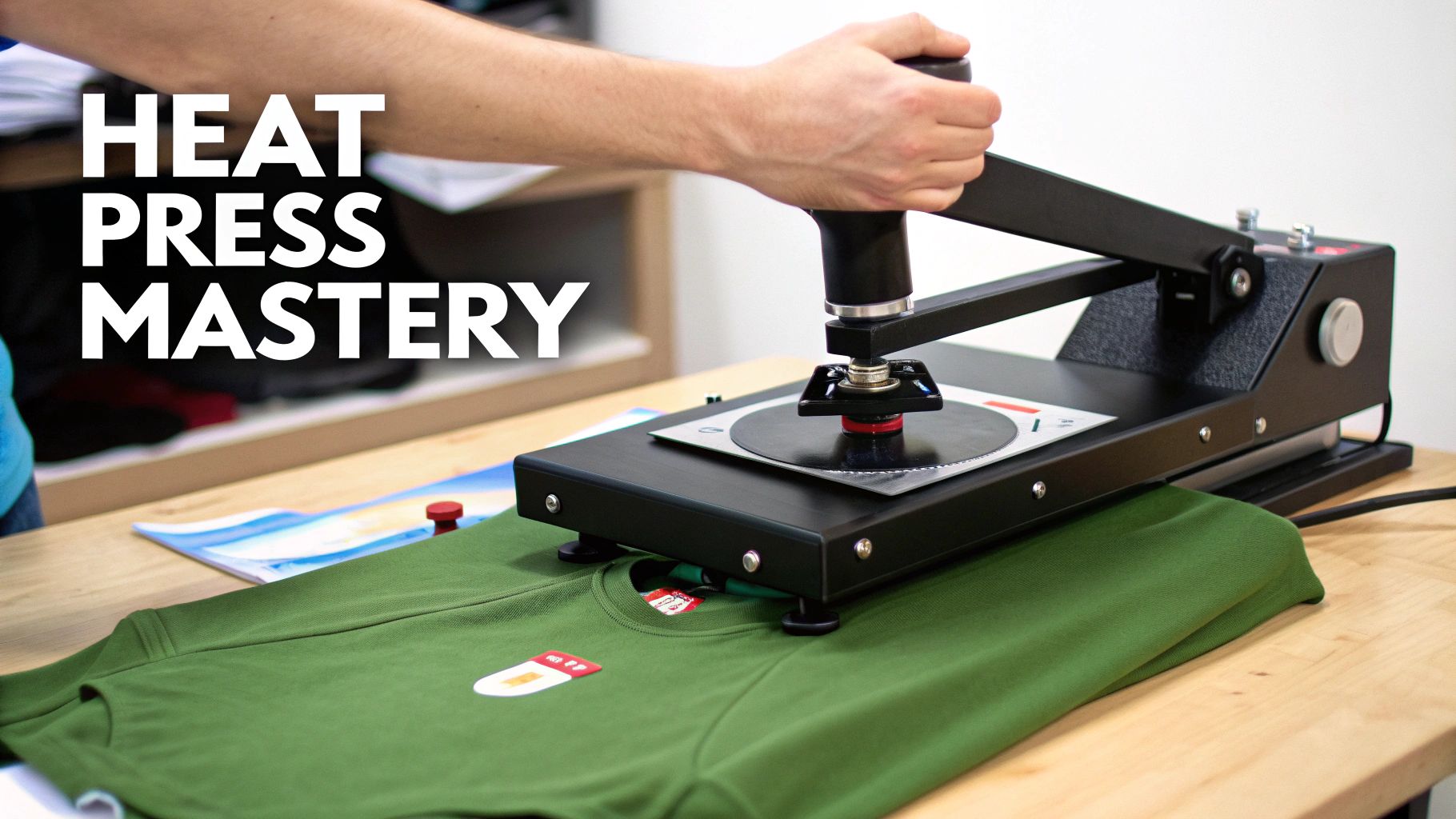A heat press machine open and ready, with a t-shirt placed on the lower platen, prepared for a design transfer.