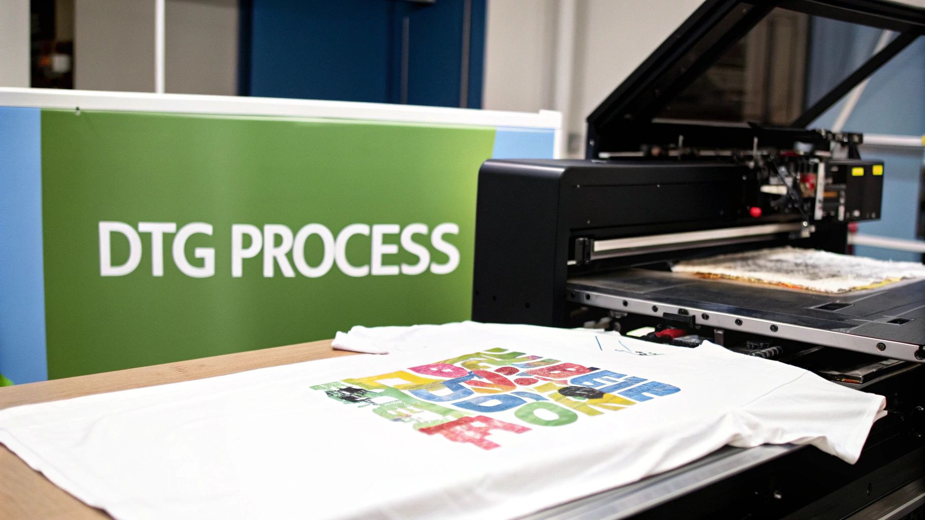 A DTG printer in action, applying a colorful design directly onto a white t-shirt.