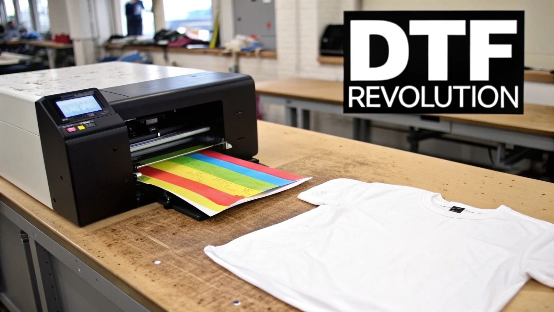 DTF printer processing a colorful film print for transfer onto a white t-shirt in a workshop.