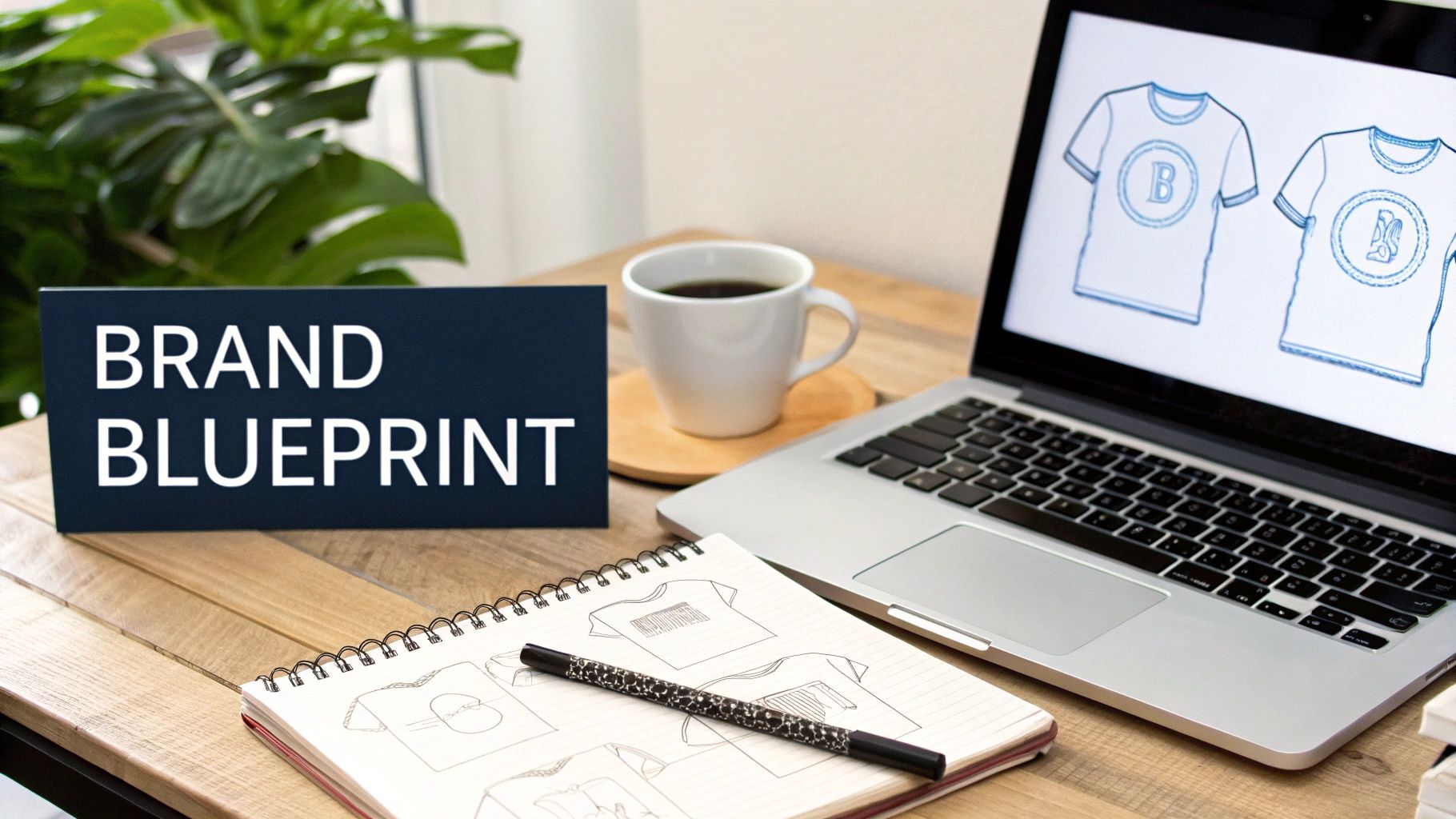 A desk setup featuring a 'BRAND BLUEPRINT' sign, laptop with t-shirt designs, and a design notebook.
